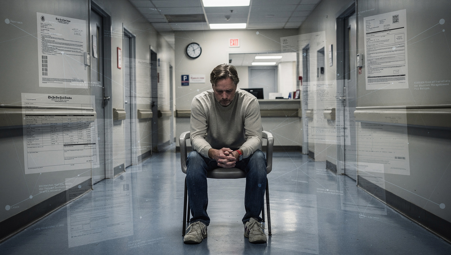 A lone patient — an everyday person sitting alone on a hard bench in an institutional corridor — embodies the human cost of the governance gap: waiting, uncertain, caught between automated systems with no visible path forward and no one accountable
